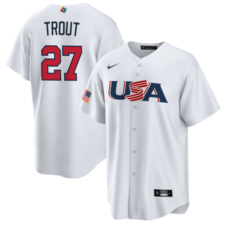 Men's USA Baseball #27 Mike Trout 2023 White World Baseball Classic Stitched Jersey